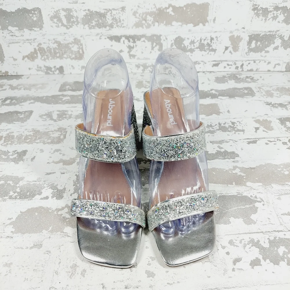 NEW Abound Carina Glitter Silver Slip On Block Heel Sandals M822 - Picture 3 of 14